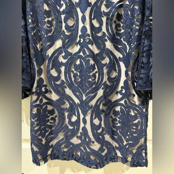 MSK Navy Blue Patterned bell Sleeve Dress with nude lining - Picture 3 of 9